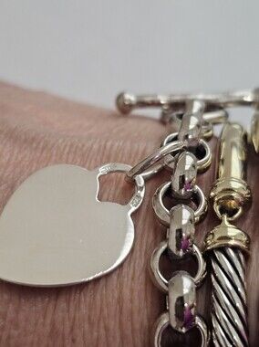 OTC ITALY  925 Sterling Silver Rolo Link Heart Tag Charm Toggle Clasp  Bracelet